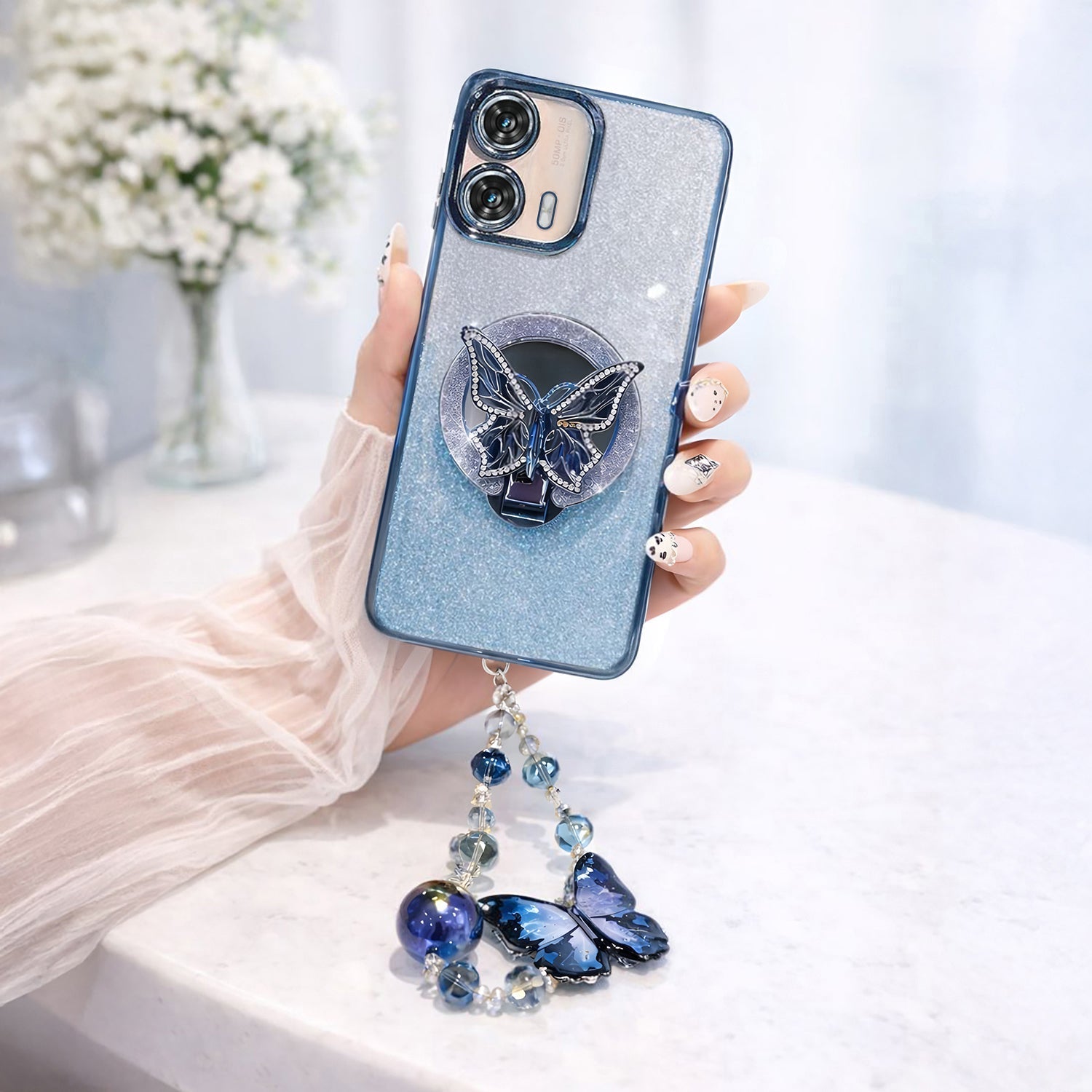 Motorola Edge 50 Fusion 5G Stunning Shimmer Electroplating Butterfly Stand Charm Case