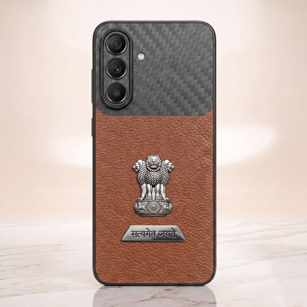 Samsung Galaxy A37 5G Satyamev Jayate 2-in-1 Emblem Carbon Fiber Leather Phone Case