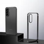 Samsung Galaxy A56 5G smartphone with a clear black case on a reflective surface