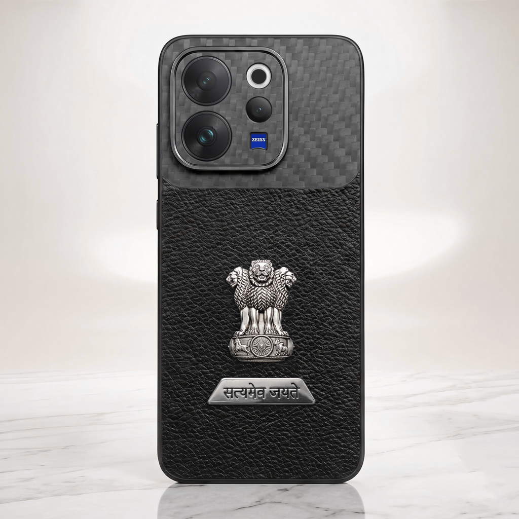 Vivo V70 5G Satyamev Jayate 2-in-1 Emblem Carbon Fiber Leather Phone Case