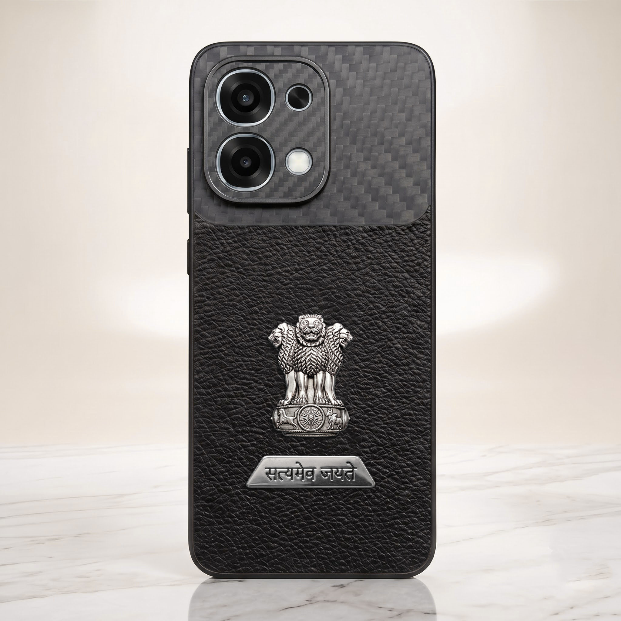 Oppo F31 5G Satyamev Jayate 2-in-1 Emblem Carbon Fiber Leather Phone Case