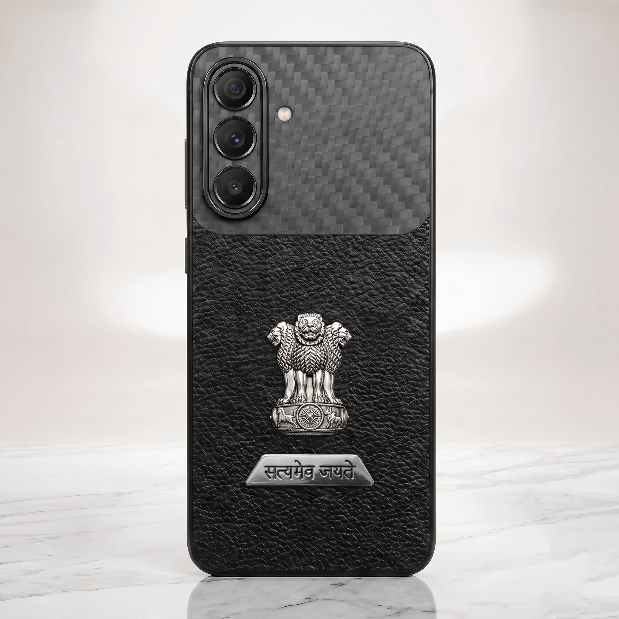 Samsung Galaxy A57 5G Satyamev Jayate 2-in-1 Emblem Carbon Fiber Leather Phone Case