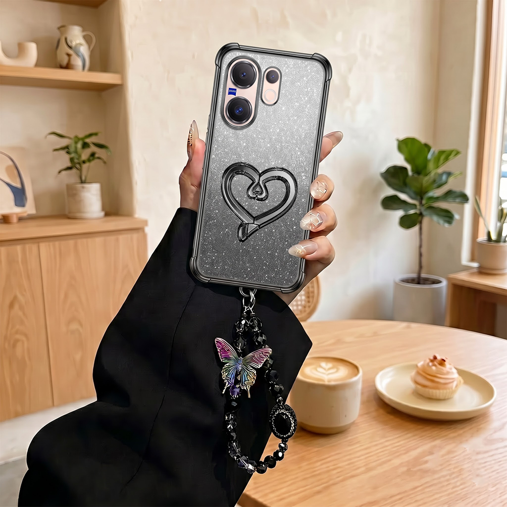 Vivo V60 5G Luxury Shimmer Airbag Heart Stand Case with Charm Strap