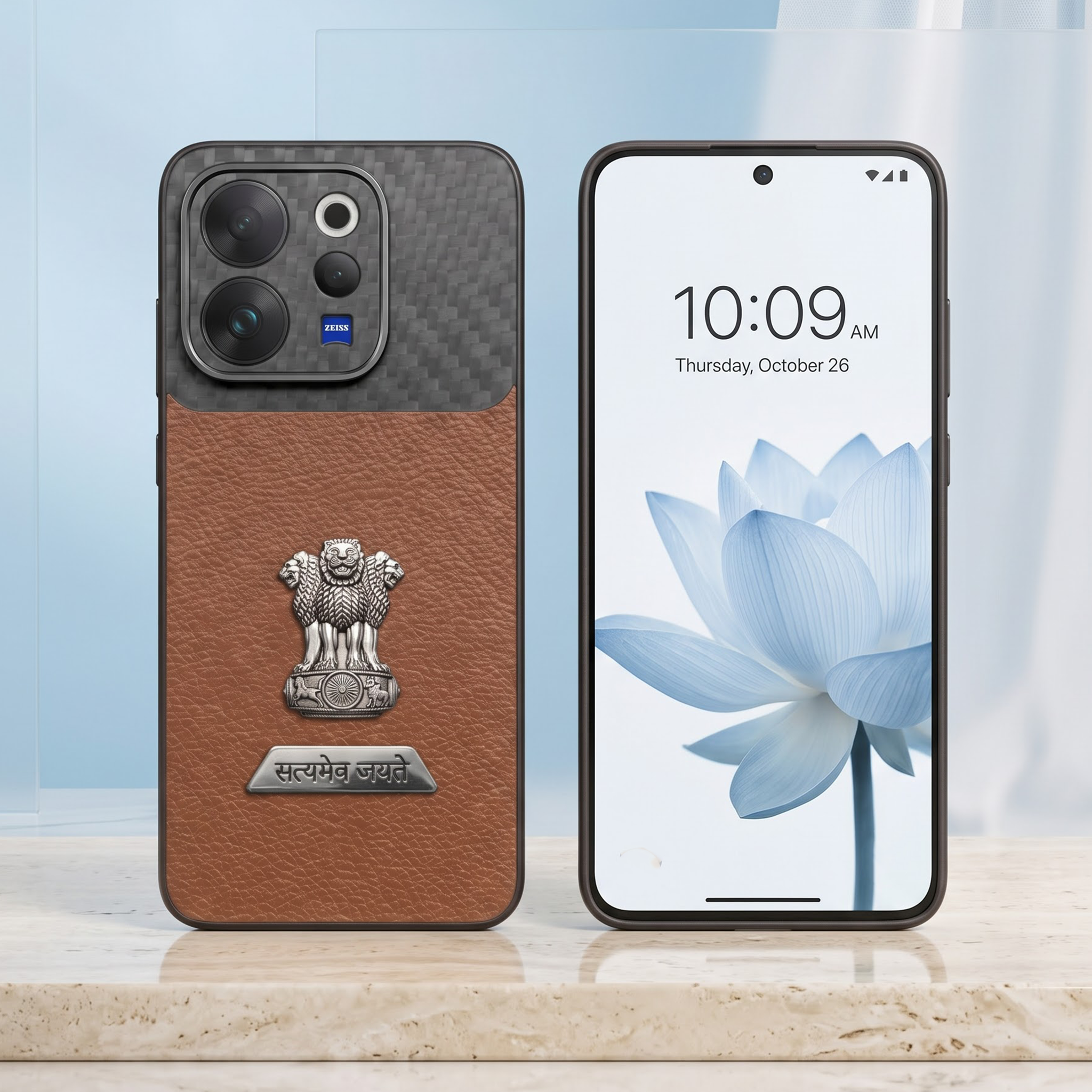 Vivo V70 5G Satyamev Jayate 2-in-1 Emblem Carbon Fiber Leather Phone Case