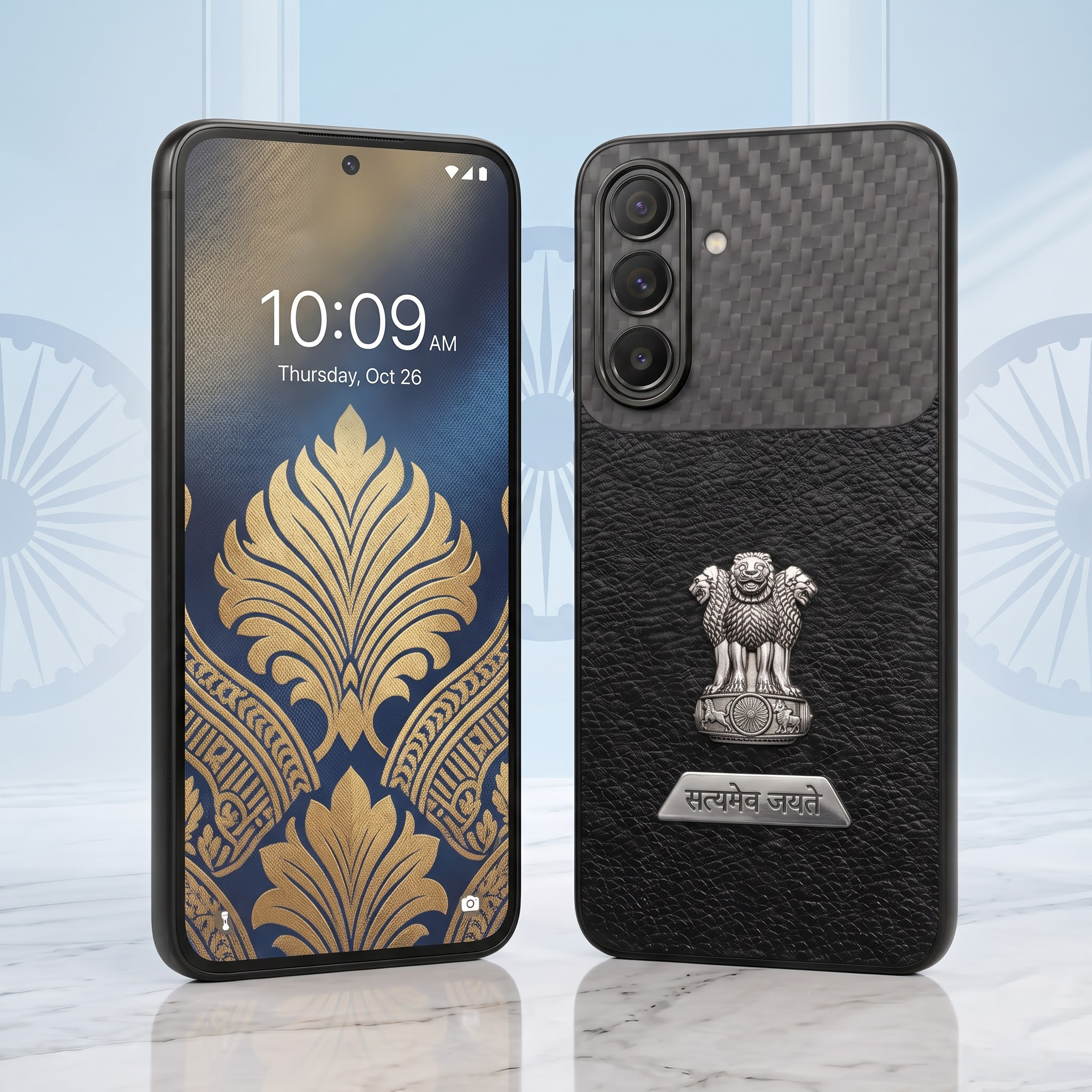 Samsung Galaxy A27 5G Satyamev Jayate 2-in-1 Emblem Carbon Fiber Leather Phone Case