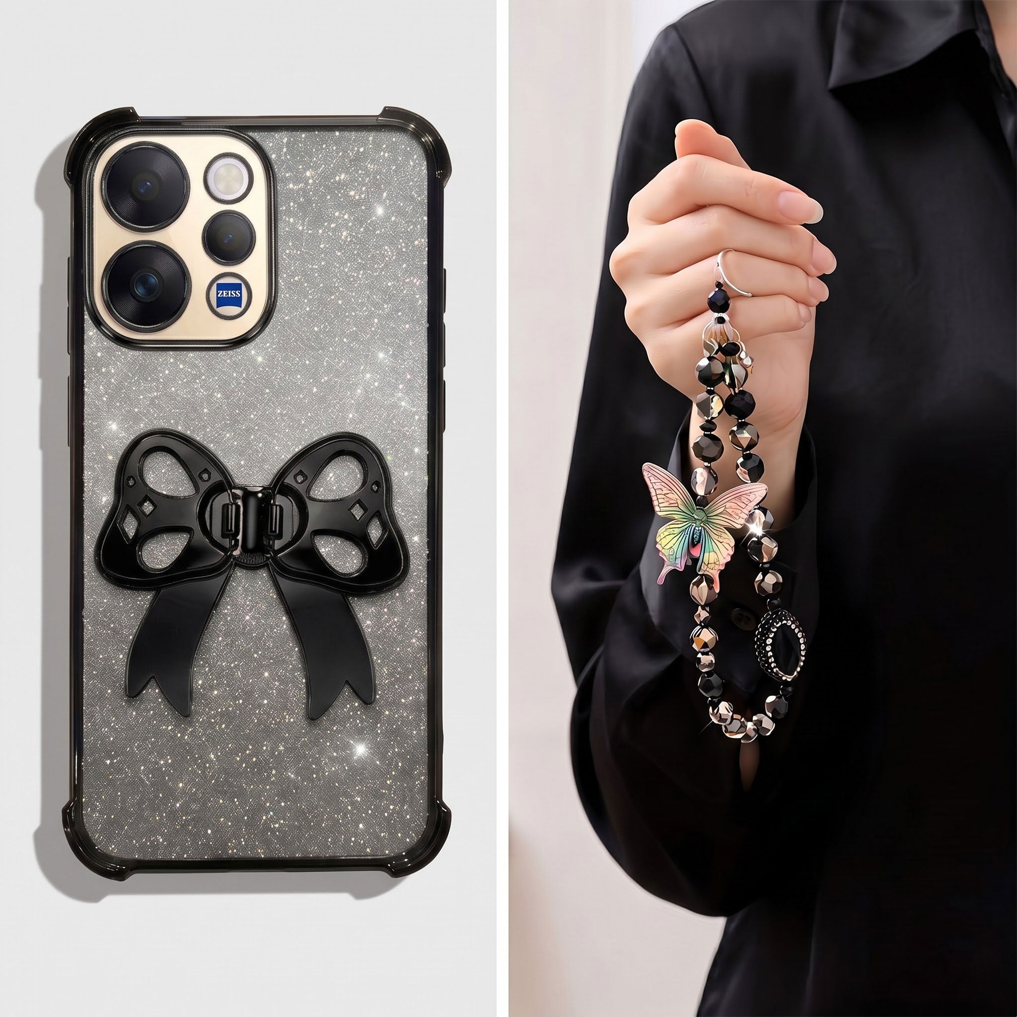 Vivo V70 5G Luxury Shimmer Airbag Bow Stand Case with Charm Strap