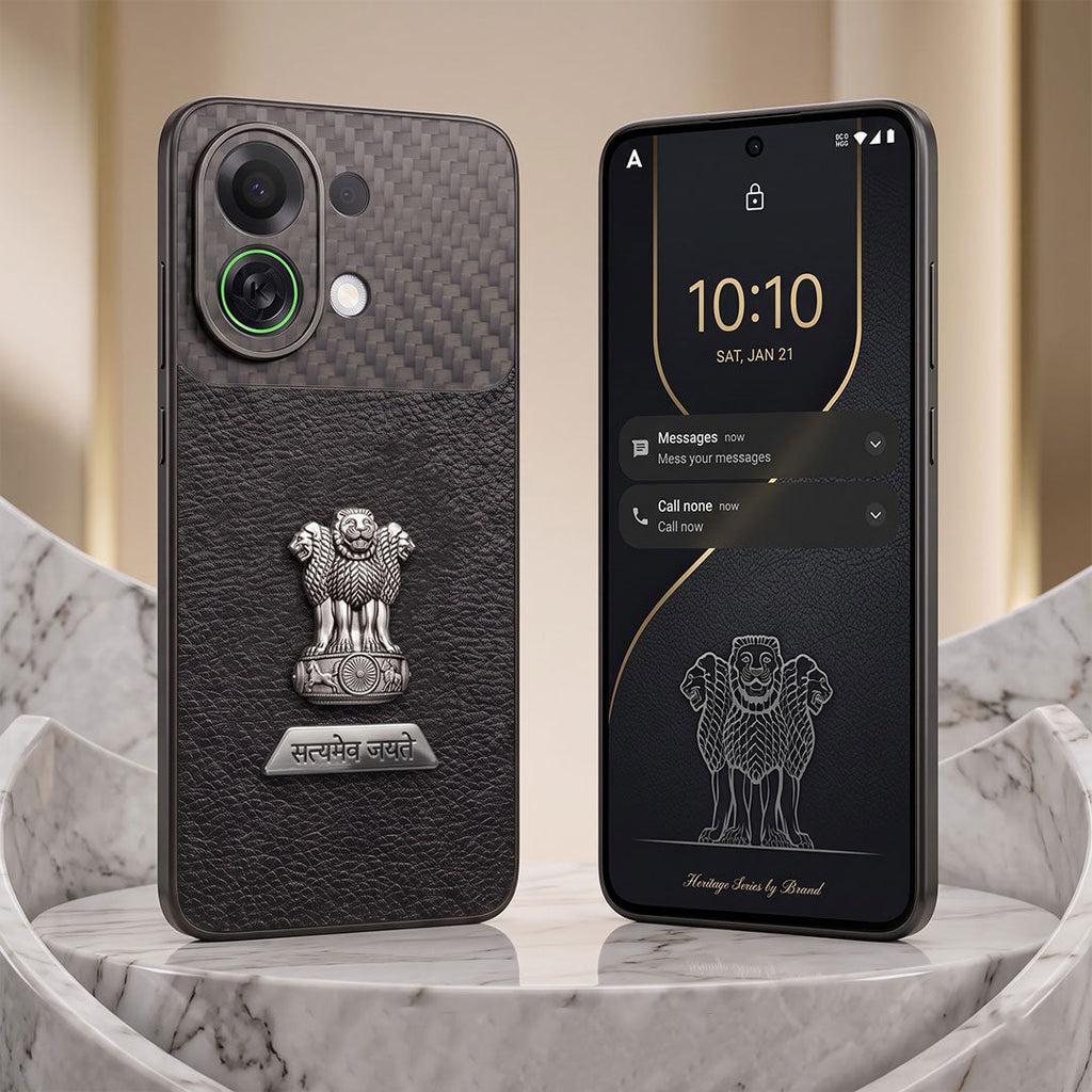 Oppo K13 Turbo 5G Satyamev Jayate 2-in-1 Emblem Carbon Fiber Leather Phone Case