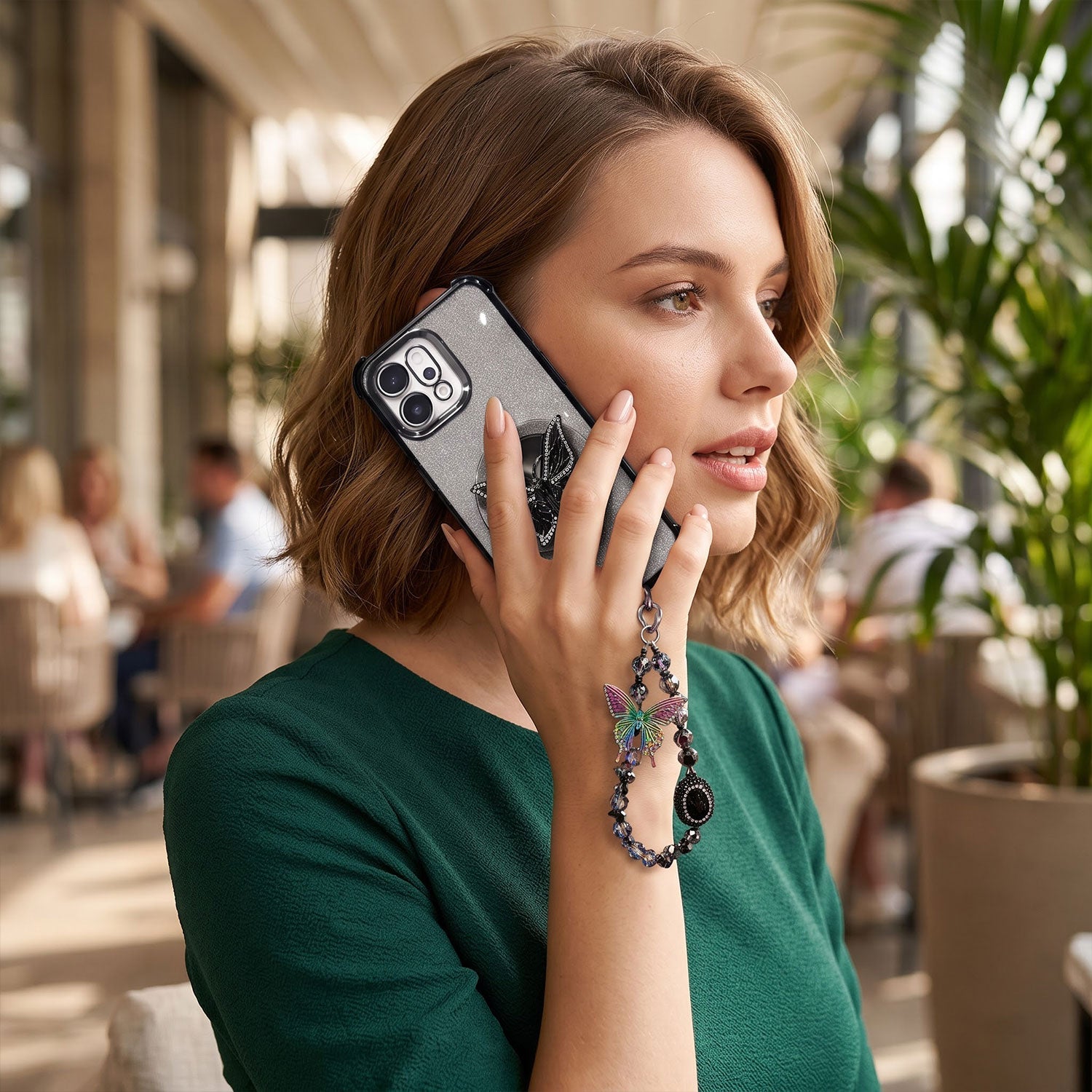 Oppo Reno 14 5G Luxury Shimmer Airbag Butterfly Stand Case with Charm Strap