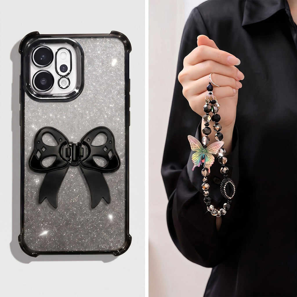 Oppo Reno 14 5G Luxury Shimmer Airbag Bow Stand Case with Charm Strap