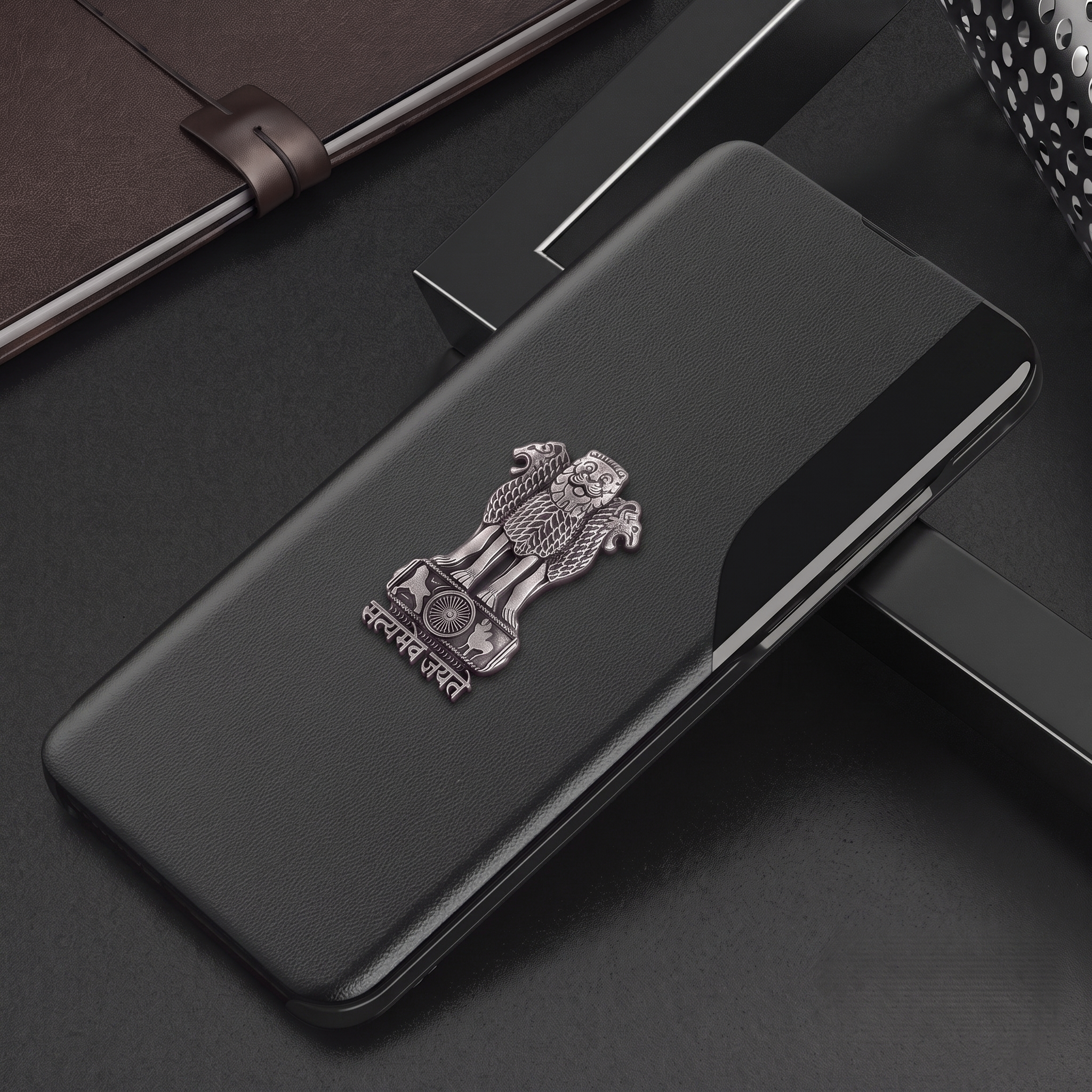 Vivo Y200 Pro 5G Metal Emblem Satyamev Jayate Half Window Leather Flip Case
