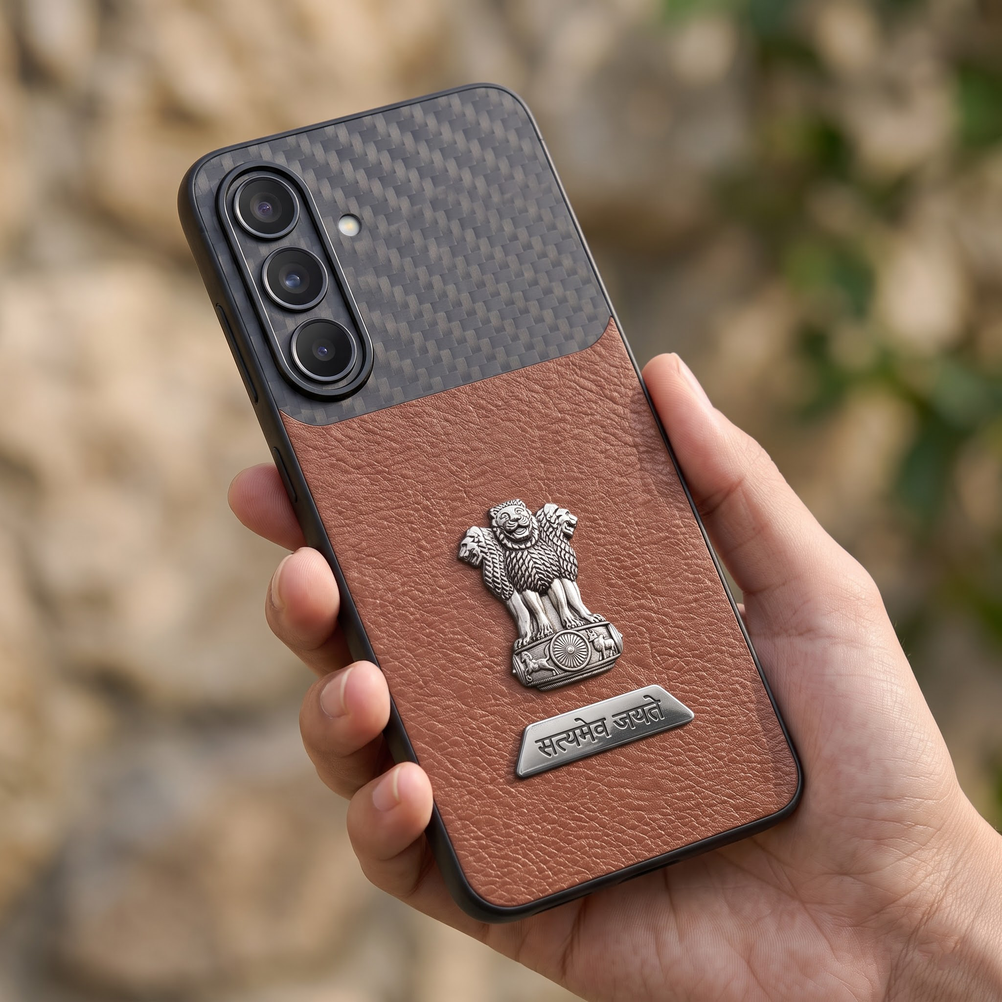 Samsung Galaxy A57 5G Satyamev Jayate 2-in-1 Emblem Carbon Fiber Leather Phone Case