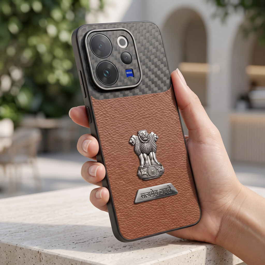 Vivo V70 5G Satyamev Jayate 2-in-1 Emblem Carbon Fiber Leather Phone Case