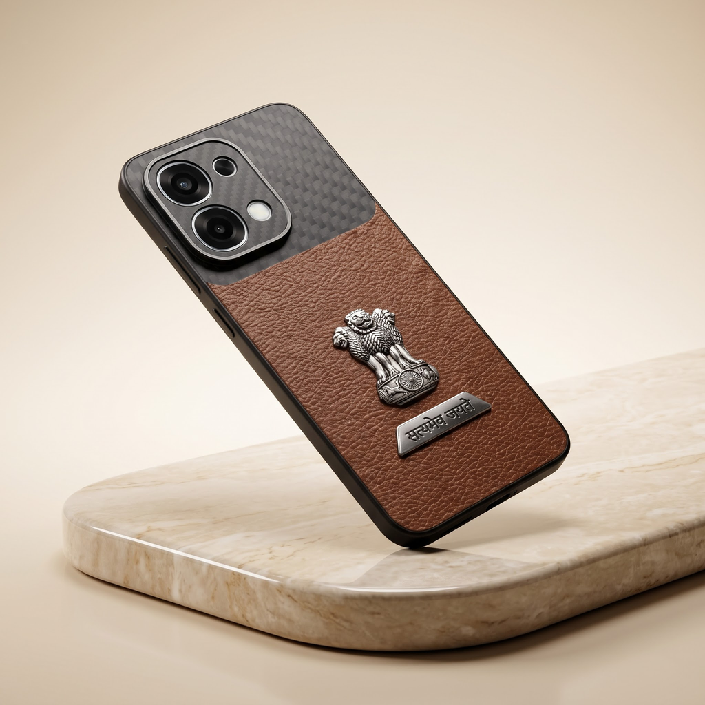Oppo F31 5G Satyamev Jayate 2-in-1 Emblem Carbon Fiber Leather Phone Case
