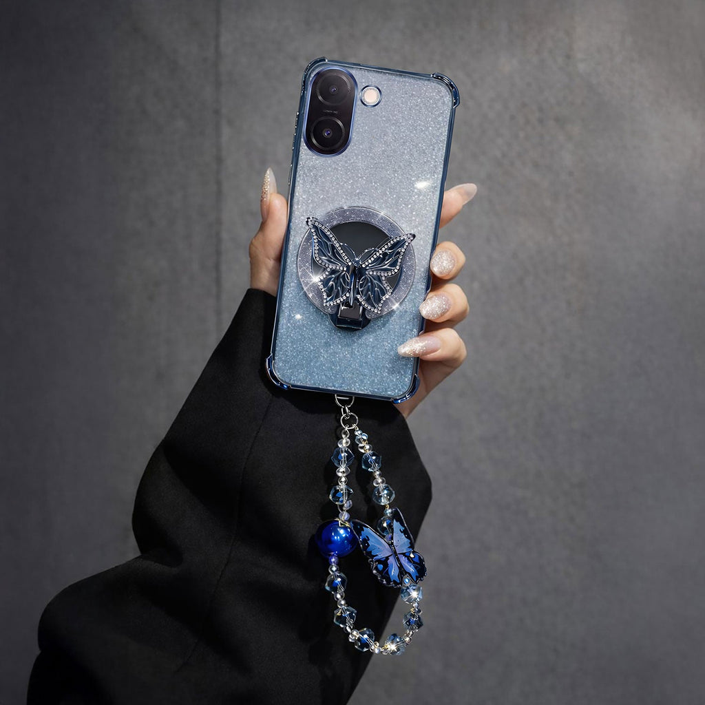 Vivo V60e 5G Luxury Shimmer Airbag Butterfly Stand Case with Charm Strap