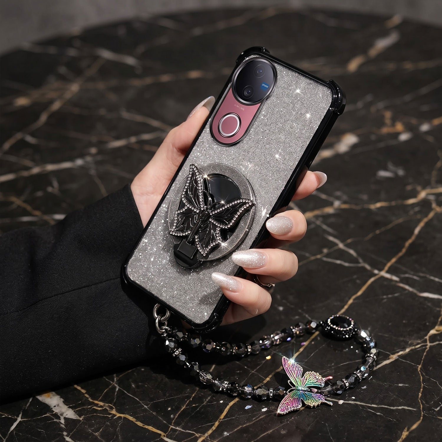 Vivo V50 5G Luxury Shimmer Airbag Butterfly Stand Case with Charm Strap