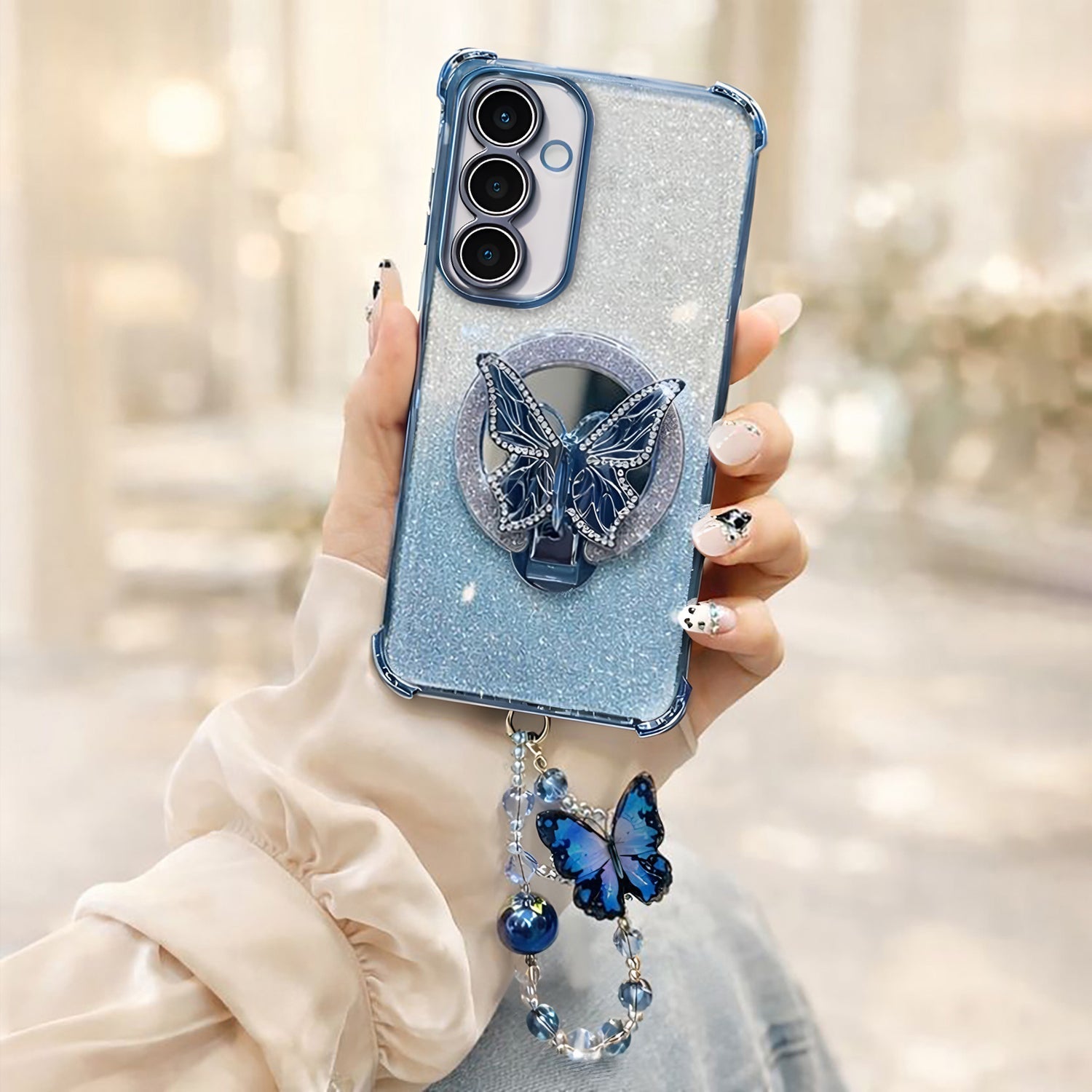 Samsung Galaxy A56 5G Shockproof Shimmer Butterfly Stand Case with Charm Strap