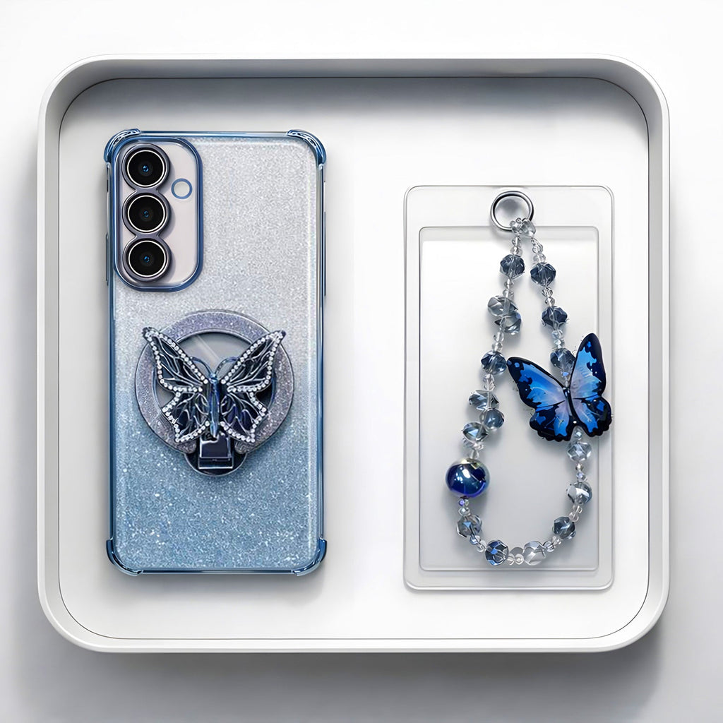 Samsung Galaxy A56 5G Shockproof Shimmer Butterfly Stand Case with Charm Strap