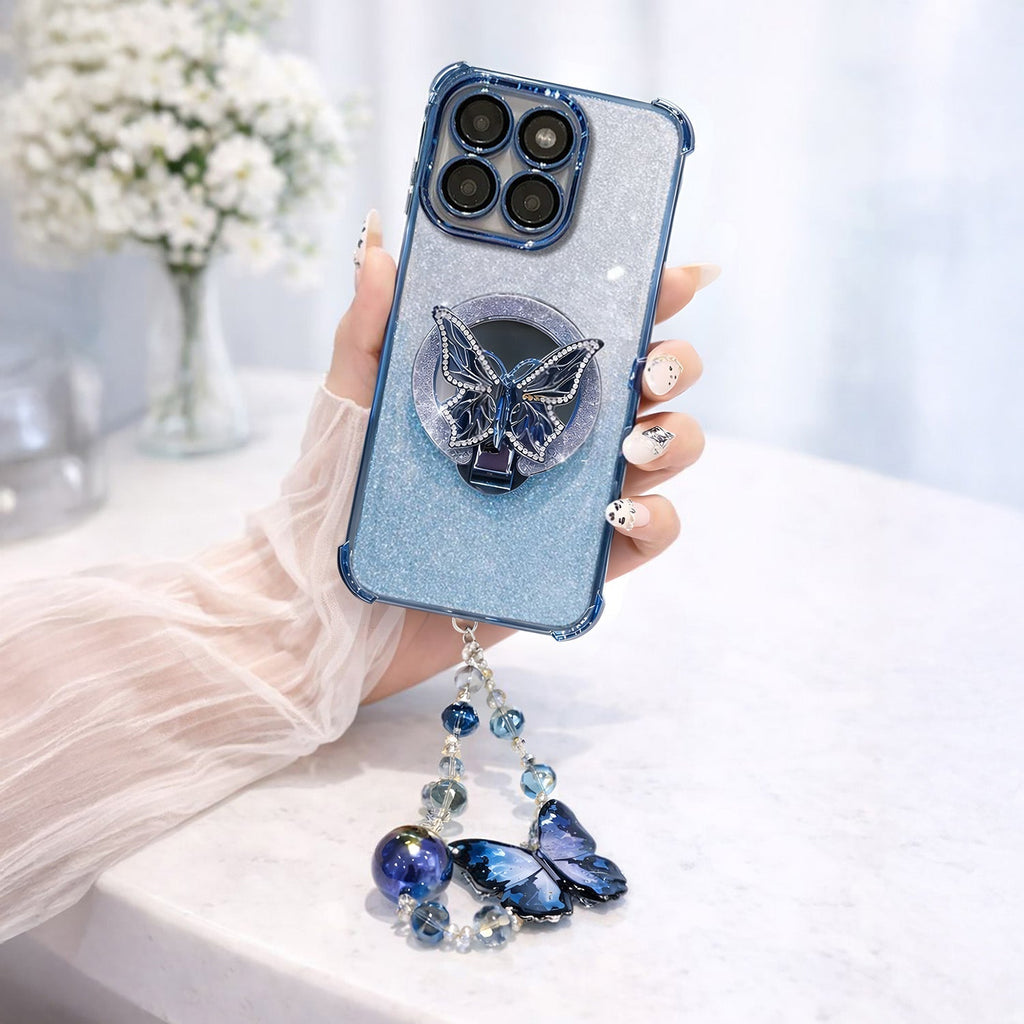 Motorola Edge 60 Pro 5G Shockproof Shimmer Butterfly Stand Case with Charm Strap