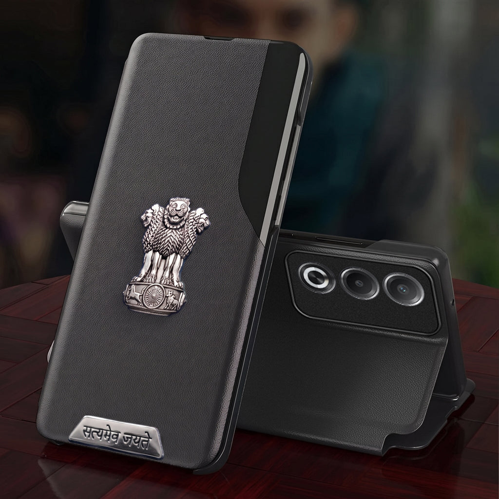 Oppo A3 Pro 5G Metal Satyamev Jayate 2-in-1 Emblem Half-Window Leather Flip Case