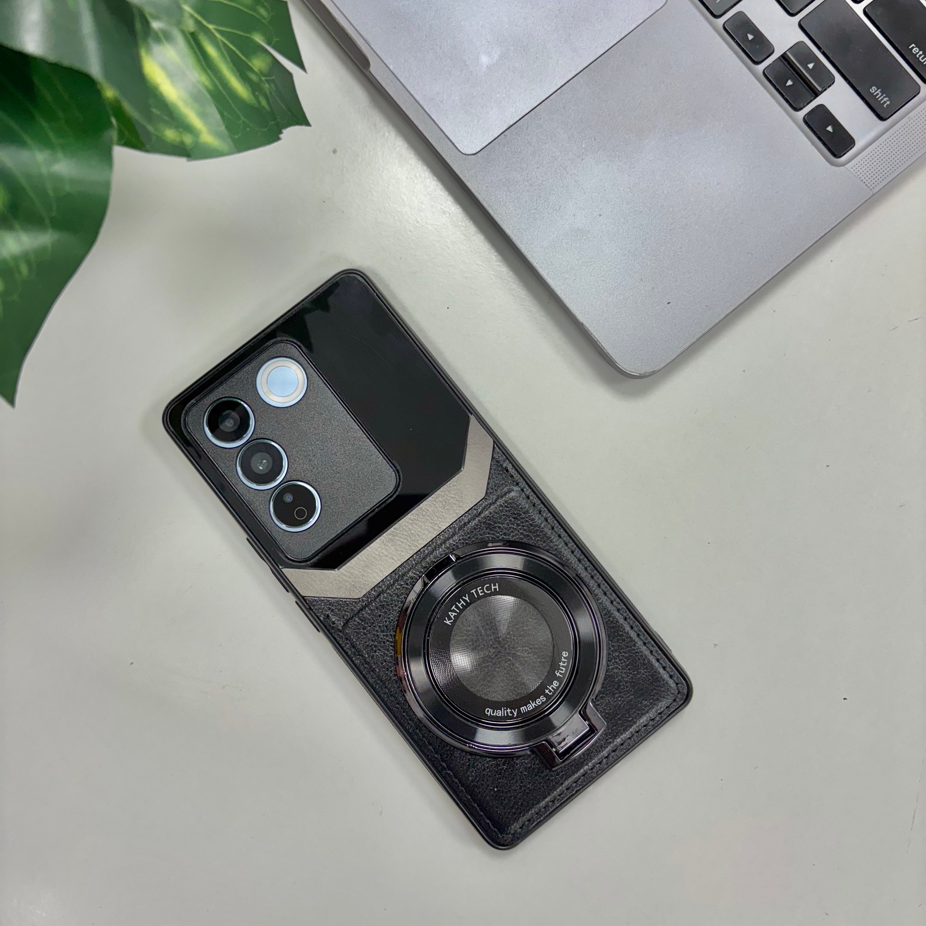 Vivo V27 5G Original Luxury Leather Lens Magnifier Ring Stand Case