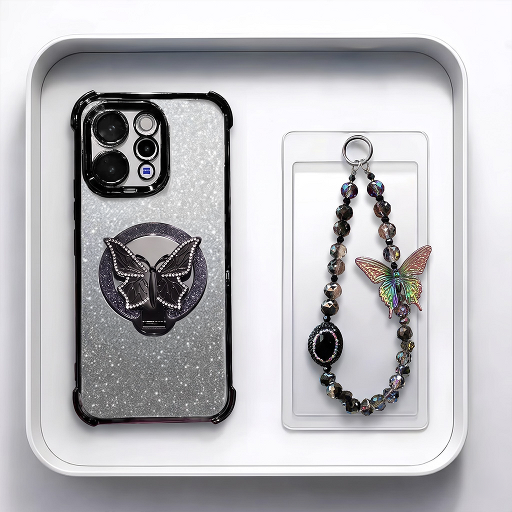Vivo V70 5G Luxury Shimmer Airbag Butterfly Stand Case with Charm Strap