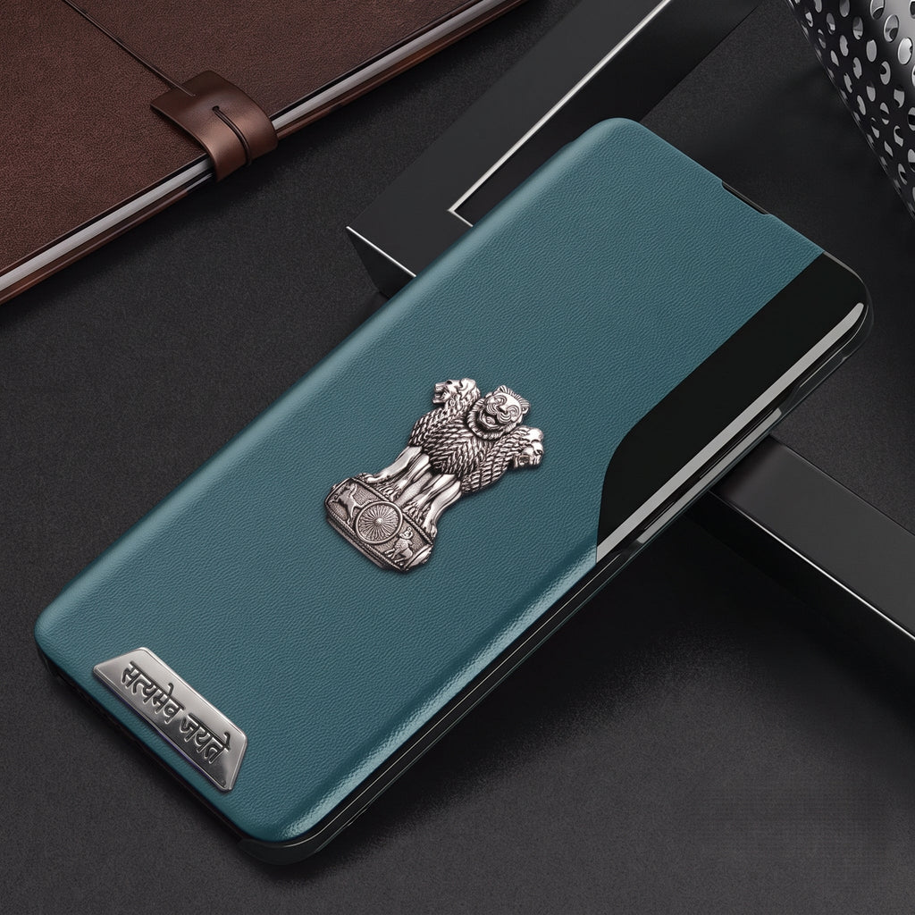 Vivo Y200 Pro 5G Metal Satyamev Jayate 2-in-1 Emblem Half-Window Leather Flip Case