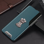 Vivo Y28 5G Metal Satyamev Jayate 2-in-1 Emblem Half-Window Leather Flip Case