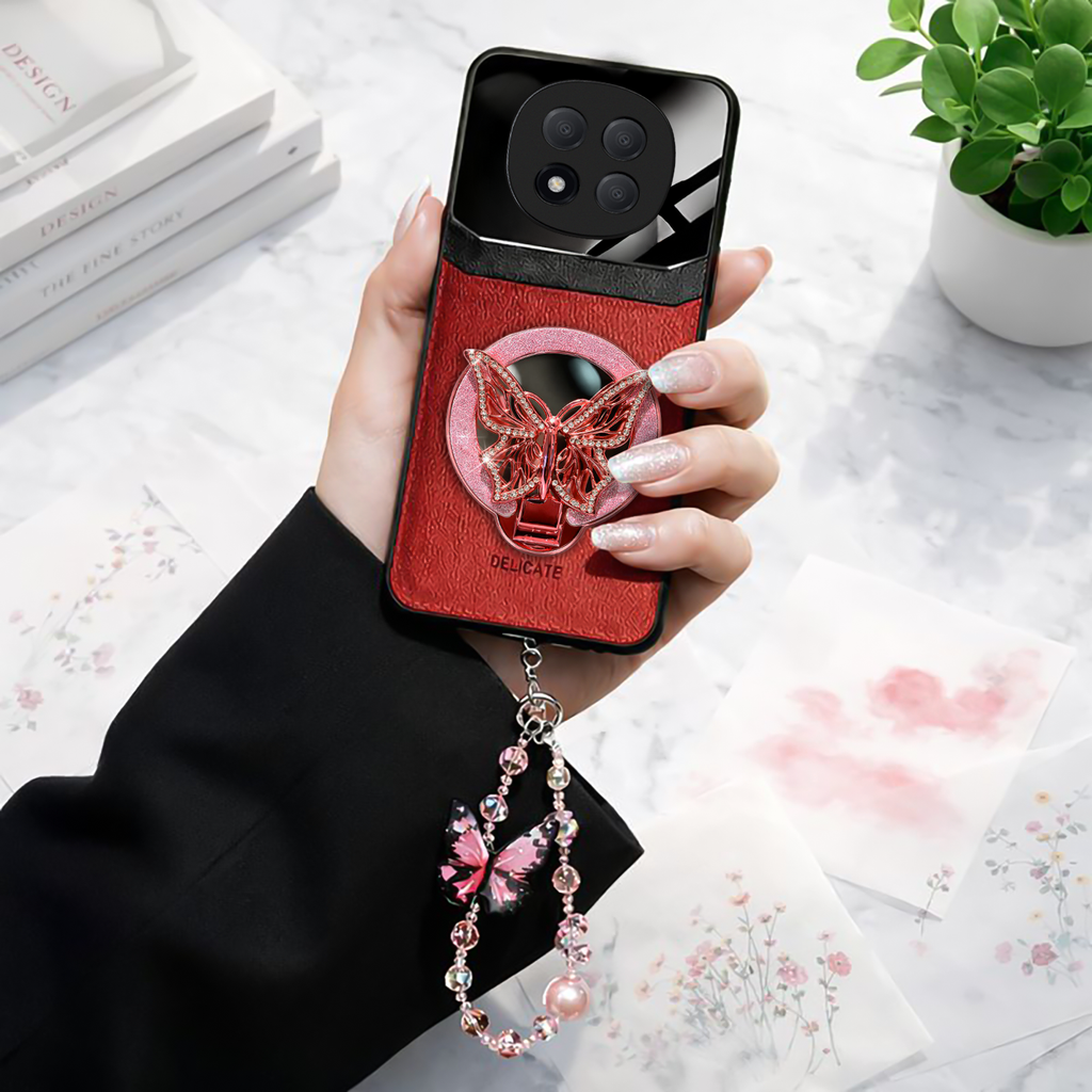 Redmi Note 14 Pro Plus 5G Premium Leather Lens Butterfly Stand Case with Charm Strap