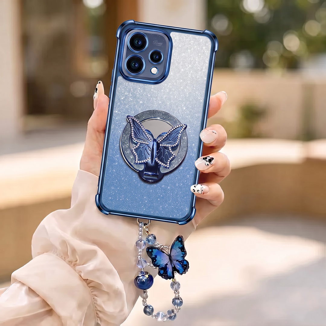Oppo Reno 15 5G Luxury Shimmer Airbag Butterfly Stand Case with Charm Strap