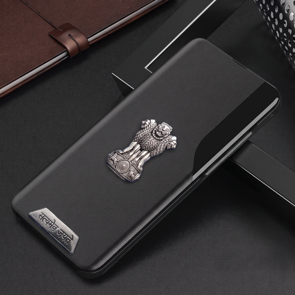 Vivo T3 5G Metal Satyamev Jayate 2-in-1 Emblem Half-Window Leather Flip Case